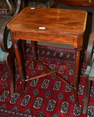 Lot 514 - 19th century crossbanded mahogany work table with single drawer on turned supports joined by a...