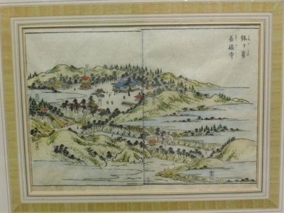 Lot 615 - A 19th century Chinese woodblock print, heightened with watercolour, signed, 24cm by 33cm