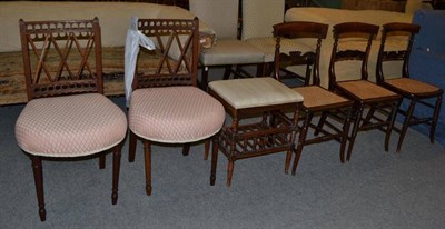 Lot 653 - A pair of Victorian mahogany lattice back occasional chairs (one damaged), three simulated rosewood