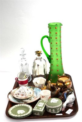 Lot 3 - Tray including three Danish birds, green Wedgwood Jasperware, horn items, Wedgwood jug etc