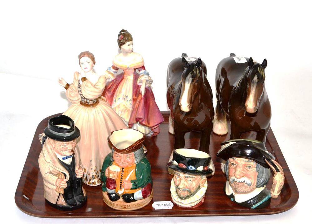 Lot 4 - Two Beswick shire horses, Royal Doulton figure ";Southern Belle";, four Royal Doulton small...