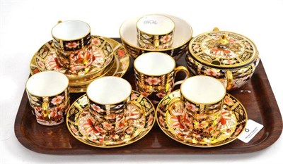 Lot 8 - Set of six Royal Crown Derby Imari coffee cups and four saucers, tea plate, sucrier and cover and a