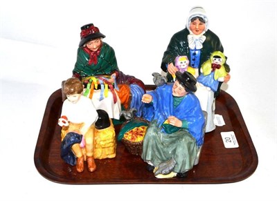 Lot 20 - Four Doulton china figures - 'The Rag Doll Seller', 'Silk & Ribbons', 'Tuppence A Bag' and...