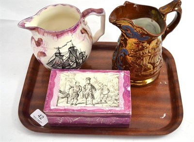 Lot 42 - Late 19th/early 20th century Staffordshire pink lustre box and cover, a Staffordshire pink...