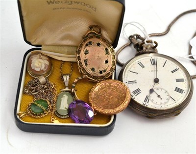 Lot 63 - A pocket watch, two lockets, assorted pendants on chains etc