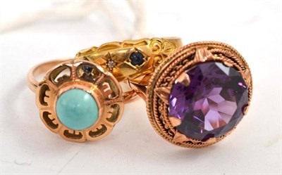 Lot 64 - An 18ct gold diamond and sapphire ring, an Alexandrite simulant ring and a turquoise set ring (3)
