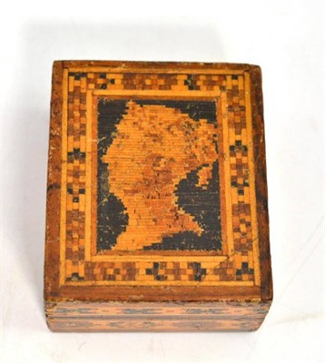 Lot 67 - A Victorian Tunbridgeware stamp box, the lid as a Penny Black
