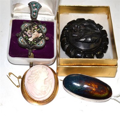 Lot 74 - A micro-mosaic pendant, a jet brooch, a Ruskin brooch and a cameo brooch stamped '9ct'