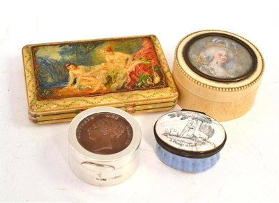 Lot 88 - A Georgian enamel patch box 'A Pledge of Love' and an early 20th century ivory portrait mounted...
