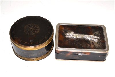 Lot 89 - A tortoiseshell and white metal box mounted with a running fox and a circular tortoiseshell...