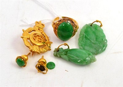 Lot 94 - A regimental badge, a jade type ring, two pendants and a pair of earrings (a.f.)