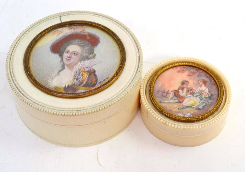 Lot 97 - Two Dieppe ivory boxes with painted panels