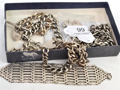 Lot 99 - Three silver Albert chains, three silver curb and lock bracelets, a silver gate bracelet and...