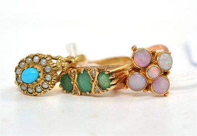 Lot 102 - A 9ct turquoise and pearl cluster ring, a 9ct opal cluster ring and a 9ct emerald-set boat...