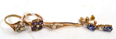 Lot 106 - An opal and diamond bar brooch, an amethyst and seed pearl ring, an opal ring and a pair of 9ct...