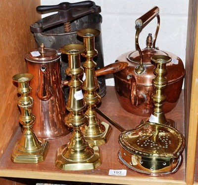 Lot 193 - A collection of assorted 18th century and later copper and brass including a warming pan, pair...