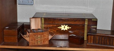 Lot 197 - Victorian brass bound rosewood writing box with secret compartment and five other boxes