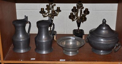 Lot 198 - Lead tureen, two jugs, bowl and a pair of candelabra