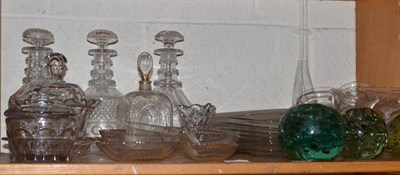 Lot 209 - A shelf of glassware including a Georgian butter dish and cover, decanters etc