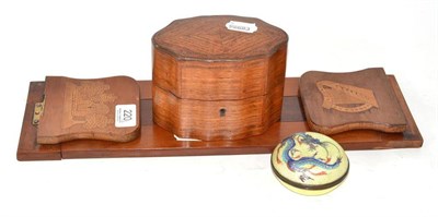 Lot 220 - An Irish inlaid yew wood book trough, tulipwood caddy and a cloisonne dragon box