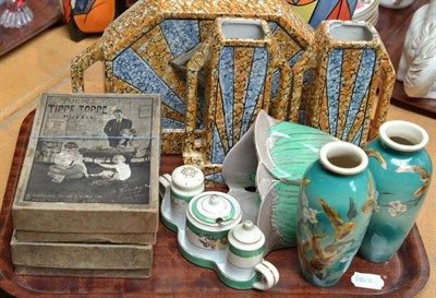 Lot 230 - A Shelley green decorated wall bracket, Art Deco-style clock set, two Tuck's puzzles, etc