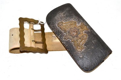 Lot 231 - Gilt metal buckle, a leather military pouch with a quantity of military buttons