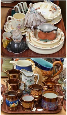 Lot 234 - Two trays including copper lustre jugs, Royal Doulton Bunnykins Babyware