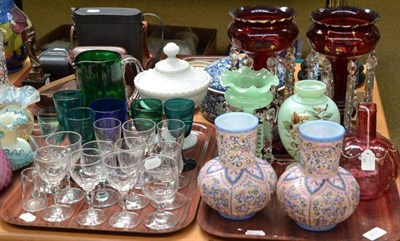 Lot 239 - Pair of red flashed lustres; clear and coloured drinking glasses; press moulded bowl and cover; etc