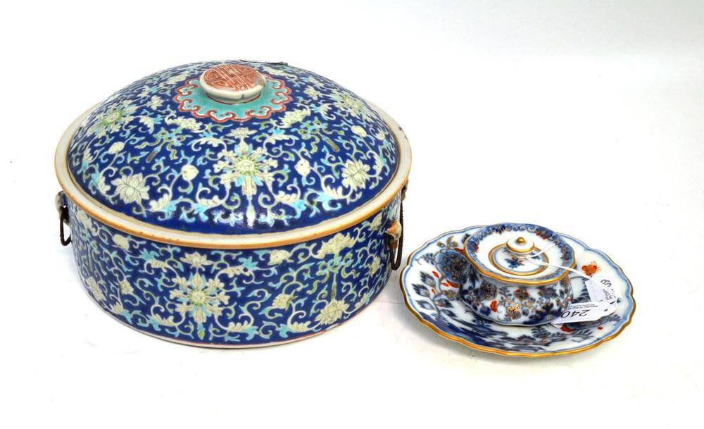 Lot 240 - Chinese blue ground circular bowl and a Meissen inkwell