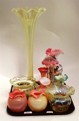 Lot 243 - A tray of vaseline and other glassware including a frilly rimmed trumpet vase