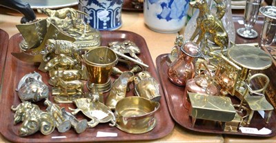 Lot 250 - Two trays of brass and copper including miniature furniture, kettles, animals, etc