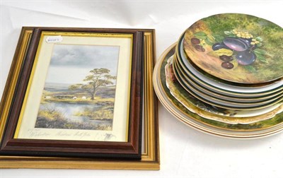 Lot 254 - Framed watercolour 'Boyes', another print and eleven fruit painted and printed plates (13)