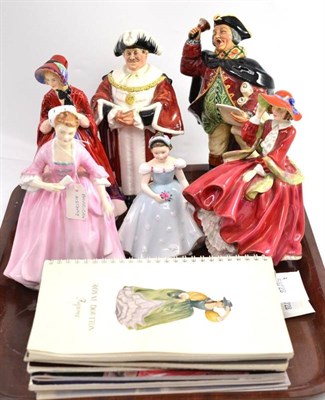 Lot 261 - Five Royal Doulton figures, Town Crier, The Mayor, The Bridesmaid, Top O'The Hill, A Hostess of...