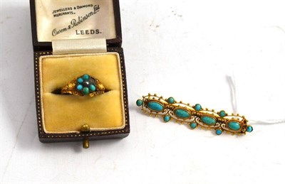 Lot 273 - A turquoise bar brooch stamped '9CT' and a turquoise set ring (a.f.)