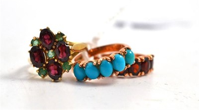 Lot 279 - A 9ct gold garnet and emerald cluster ring, a 9ct gold garnet five stone ring and a 9ct gold...