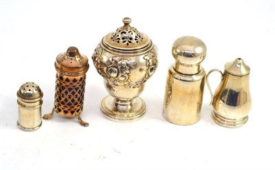 Lot 281 - A scent bottle, three pepperettes and a salt