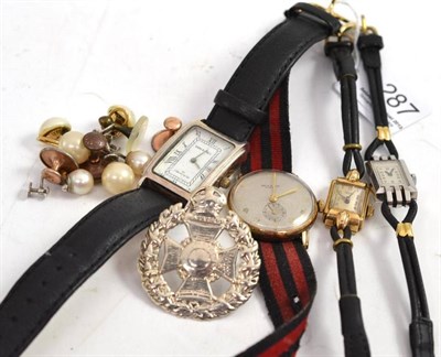 Lot 287 - A 9ct gold ladies wristwatch, silver Casa Di Velli watch, two other watches, earrings, studs...