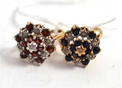 Lot 291 - A 9ct gold sapphire and diamond cluster ring and a 9ct gold garnet and diamond cluster ring