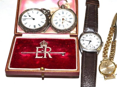 Lot 299 - Omega wristwatch, ladies omega watch, two silver cased fob watch, Elizabeth II brooch