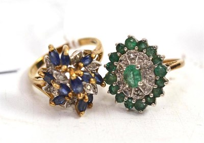 Lot 303 - A 9ct gold sapphire and diamond ring and a emerald and diamond ring (with split shank)