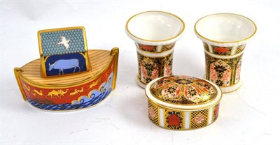 Lot 350 - Two Royal Crown Derby small vases, trinket box and Noah's Ark