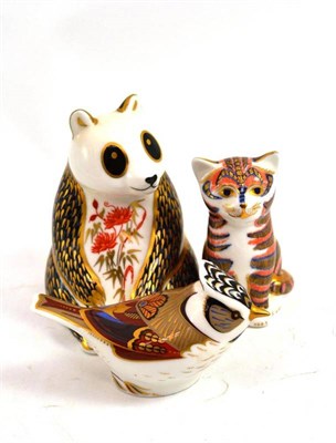 Lot 353 - Three Royal Crown Derby animal paperweights, Crested Tit, panda and a cat