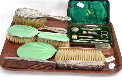 Lot 355 - Silver backed dressing table items, silver manicure set (cased) etc