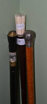 Lot 361 - Silver topped walking cane, rosewood and ivory cane and another cane (3)