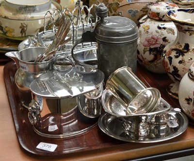 Lot 378 - A silver plated toast wrack, a lidded pewter tankard, plated oval biscuit box, two entree dish...