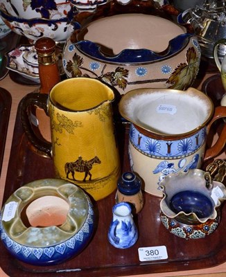 Lot 380 - Royal Doulton Stoneware jardiniere, ashtray, cream jug, small flask, whisky bell, blue painted jug