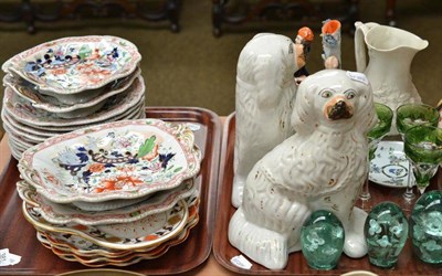 Lot 381 - Ironstone china dessert service, pair of Staffordshire dogs, three Victorian glass dumps and...