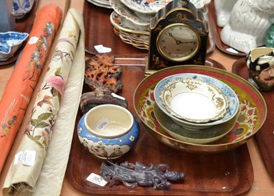 Lot 382 - Teksong porcelain bowl, jade bowl, enamel, two soapstone groups, lacquer clock, two silk...