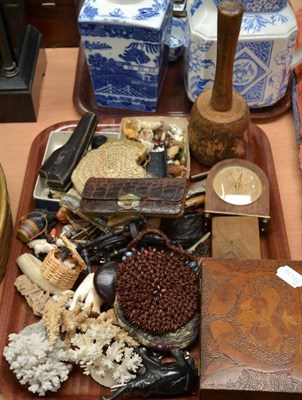 Lot 383 - Tray of collectables including miniature items, coral, keys, corkscrew, Meerschaum pipe, etc