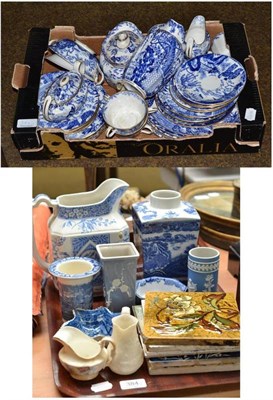 Lot 384 - Tray and box including blue and white pickle dish, Ringtons tea caddy, assorted tiles and Royal...